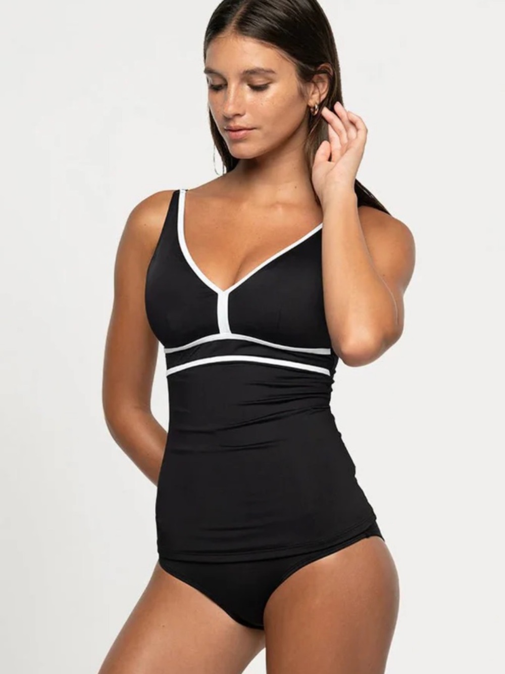 NWT Nip Tuck Black textured Bandeau Tankini with White Trim top 8, bottom 10